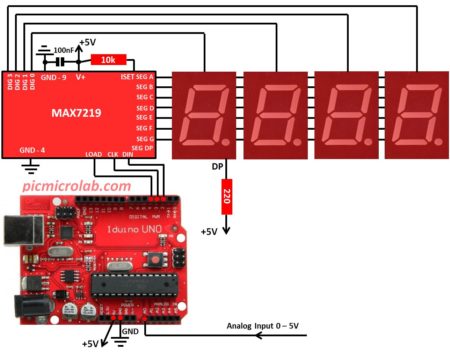 Arduino 4-Digit 7-Segment LED Voltmeter MAX7219 – Microcontroller Based ...